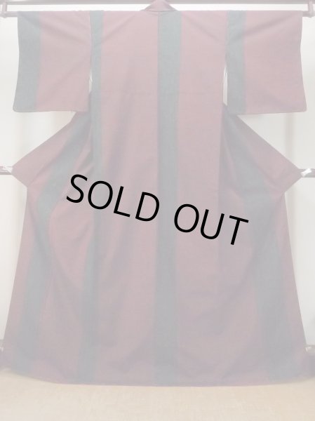 Photo1: N1015F Vintage Japanese kimono  Dark Dark Red TSUMUGI pongee for women / Silk. Arabesque vine,   (Grade B) (1)