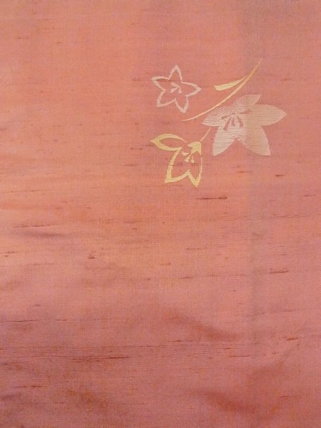 Photo4: N1015G Vintage Japanese kimono  Pale Coral TSUMUGI pongee for women / Silk. KIKYO Japanese balloonflower   (Grade B) (4)