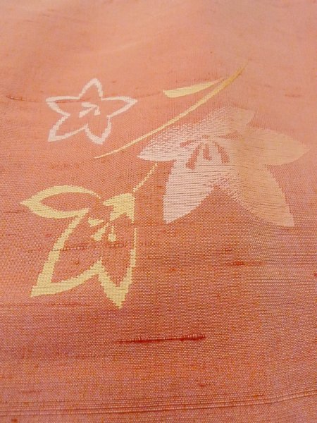 Photo9: N1015G Vintage Japanese kimono  Pale Coral TSUMUGI pongee for women / Silk. KIKYO Japanese balloonflower   (Grade B) (9)
