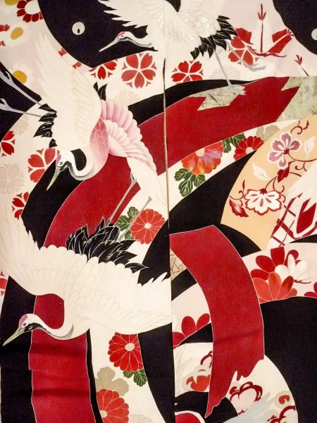 Photo6: N1015J Antique Japanese kimono   Black UCHIKAKE Wedding for women / Silk. SAKURA cherry blossom,   (Grade B) (6)