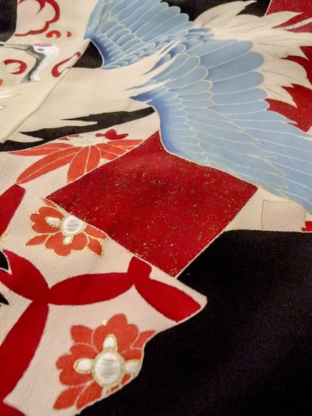 Photo28: N1015J Antique Japanese kimono   Black UCHIKAKE Wedding for women / Silk. SAKURA cherry blossom,   (Grade B) (28)