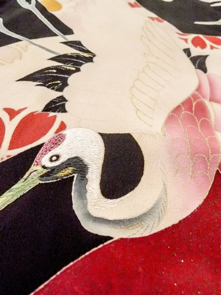 Photo31: N1015J Antique Japanese kimono   Black UCHIKAKE Wedding for women / Silk. SAKURA cherry blossom,   (Grade B) (31)