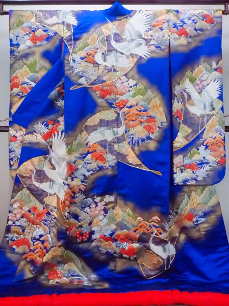 Photo1: N1015M Used Japanese kimono  Shiny Blue UCHIKAKE Wedding for women / Silk. UME plum bloom,   (Grade B) (1)