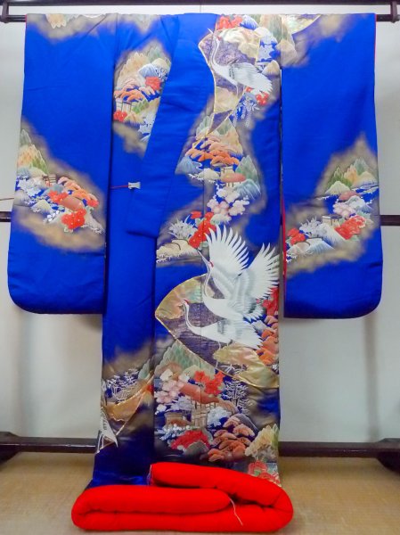 Photo3: N1015M Used Japanese kimono  Shiny Blue UCHIKAKE Wedding for women / Silk. UME plum bloom,   (Grade B) (3)