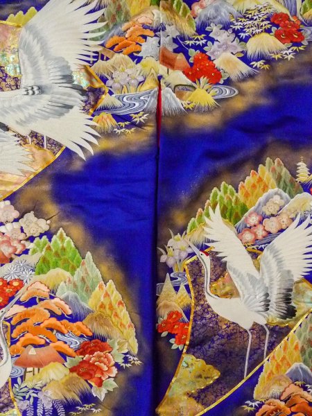 Photo7: N1015M Used Japanese kimono  Shiny Blue UCHIKAKE Wedding for women / Silk. UME plum bloom,   (Grade B) (7)