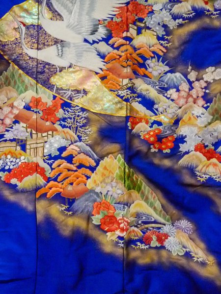 Photo9: N1015M Used Japanese kimono  Shiny Blue UCHIKAKE Wedding for women / Silk. UME plum bloom,   (Grade B) (9)