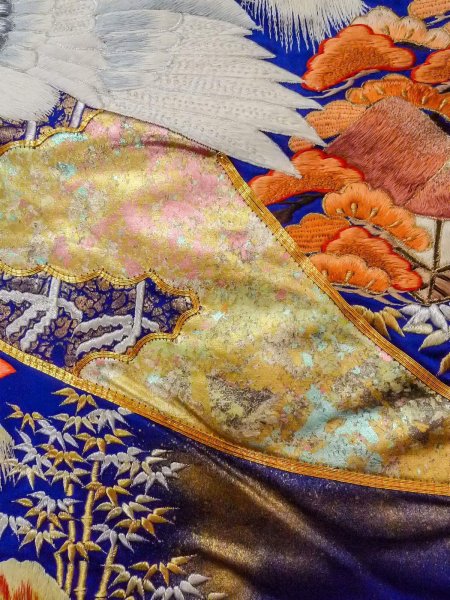 Photo14: N1015M Used Japanese kimono  Shiny Blue UCHIKAKE Wedding for women / Silk. UME plum bloom,   (Grade B) (14)