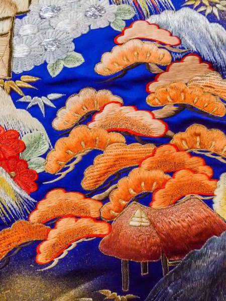 Photo17: N1015M Used Japanese kimono  Shiny Blue UCHIKAKE Wedding for women / Silk. UME plum bloom,   (Grade B) (17)