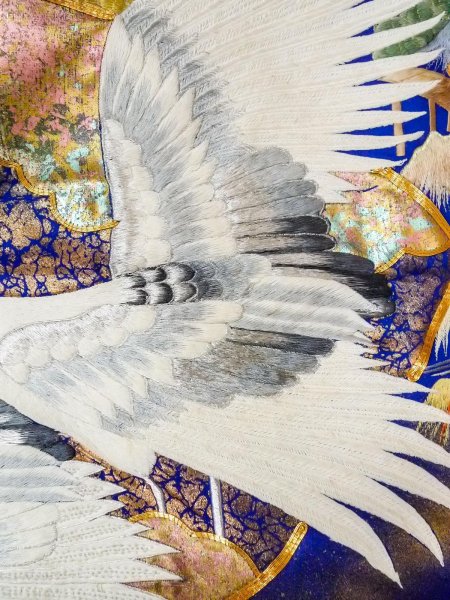 Photo24: N1015M Used Japanese kimono  Shiny Blue UCHIKAKE Wedding for women / Silk. UME plum bloom,   (Grade B) (24)