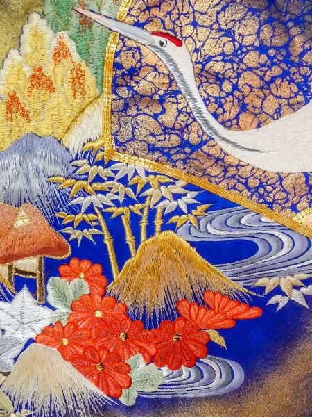 Photo26: N1015M Used Japanese kimono  Shiny Blue UCHIKAKE Wedding for women / Silk. UME plum bloom,   (Grade B) (26)