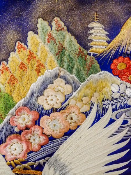 Photo28: N1015M Used Japanese kimono  Shiny Blue UCHIKAKE Wedding for women / Silk. UME plum bloom,   (Grade B) (28)