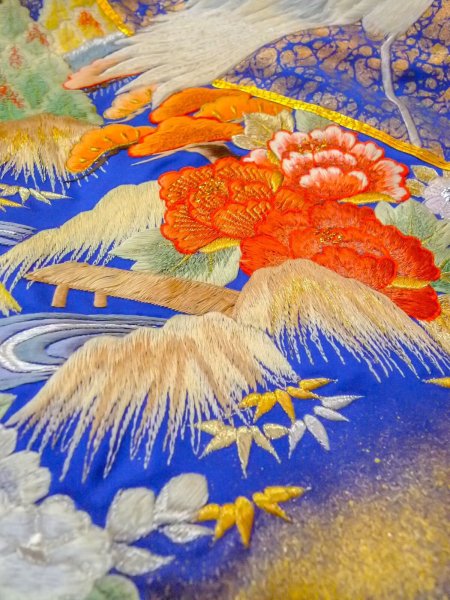 Photo30: N1015M Used Japanese kimono  Shiny Blue UCHIKAKE Wedding for women / Silk. UME plum bloom,   (Grade B) (30)