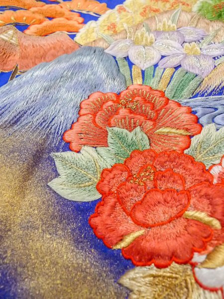 Photo31: N1015M Used Japanese kimono  Shiny Blue UCHIKAKE Wedding for women / Silk. UME plum bloom,   (Grade B) (31)