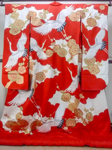 Photo2: N1015N Vintage Japanese kimono  Vivid Red UCHIKAKE Wedding for women / Silk. UME plum bloom,   (Grade B) (2)