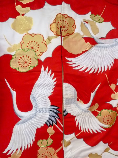 Photo5: N1015N Vintage Japanese kimono  Vivid Red UCHIKAKE Wedding for women / Silk. UME plum bloom,   (Grade B) (5)