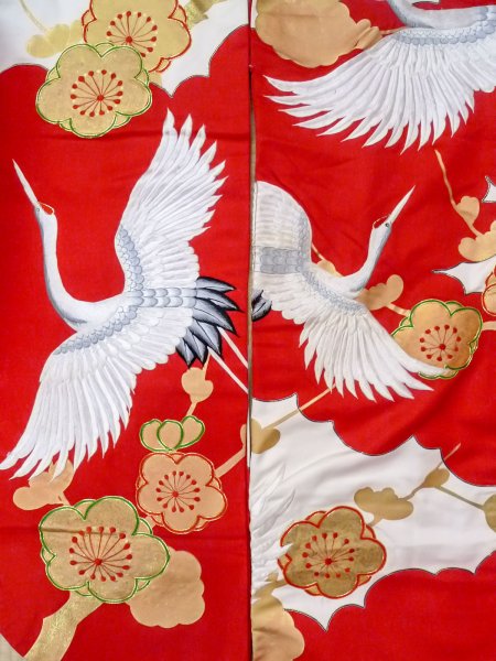 Photo6: N1015N Vintage Japanese kimono  Vivid Red UCHIKAKE Wedding for women / Silk. UME plum bloom,   (Grade B) (6)