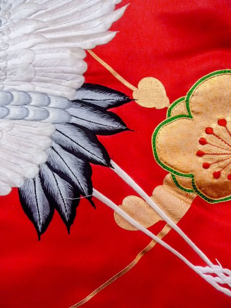 Photo15: N1015N Vintage Japanese kimono  Vivid Red UCHIKAKE Wedding for women / Silk. UME plum bloom,   (Grade B) (15)