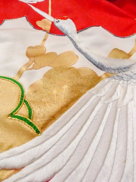 Photo23: N1015N Vintage Japanese kimono  Vivid Red UCHIKAKE Wedding for women / Silk. UME plum bloom,   (Grade B) (23)