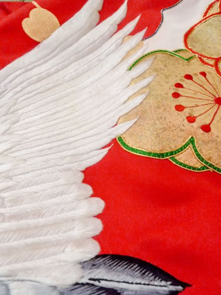 Photo27: N1015N Vintage Japanese kimono  Vivid Red UCHIKAKE Wedding for women / Silk. UME plum bloom,   (Grade B) (27)