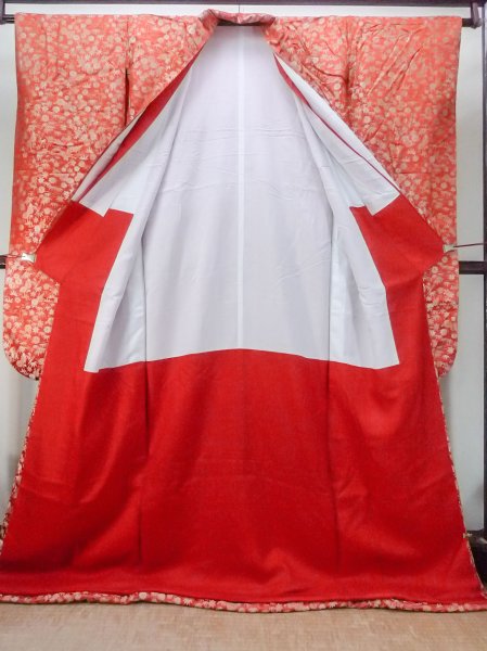 Photo3: N1015O Vintage Japanese kimono  Shiny Orange KAKESHITA under Uchikake for women / Silk. Chrysanthemum,   (Grade B) (3)