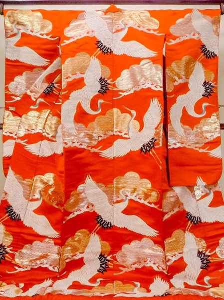 Photo1: N1015P Vintage Japanese kimono  Vivid Orange UCHIKAKE Wedding for women / Silk. Pine tree/branch/needle,   (Grade B) (1)