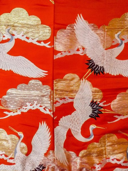 Photo10: N1015P Vintage Japanese kimono  Vivid Orange UCHIKAKE Wedding for women / Silk. Pine tree/branch/needle,   (Grade B) (10)