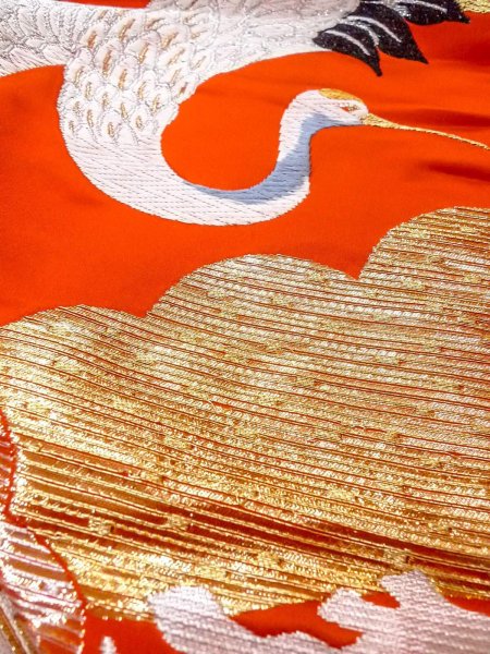 Photo28: N1015P Vintage Japanese kimono  Vivid Orange UCHIKAKE Wedding for women / Silk. Pine tree/branch/needle,   (Grade B) (28)