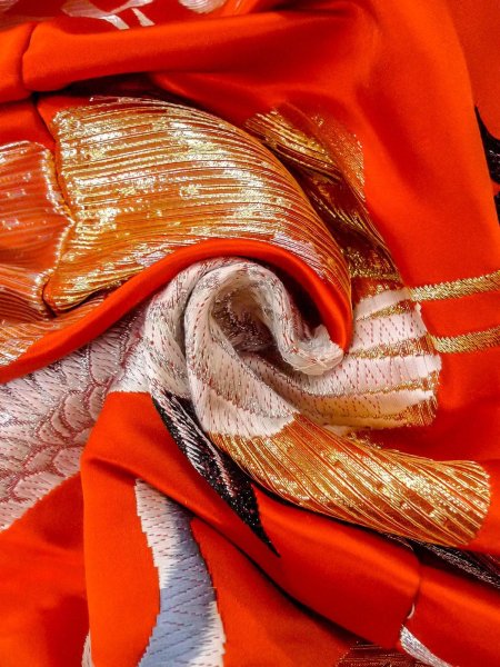 Photo31: N1015P Vintage Japanese kimono  Vivid Orange UCHIKAKE Wedding for women / Silk. Pine tree/branch/needle,   (Grade B) (31)