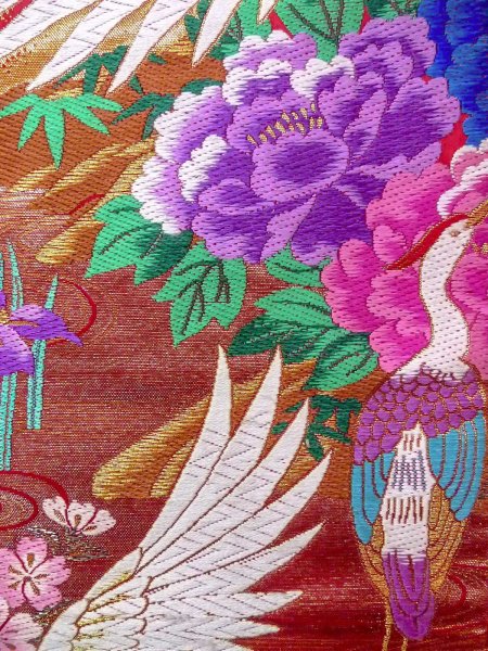 Photo13: N1015Q Used Japanese kimono  Vivid Red UCHIKAKE Wedding for women / Silk. Peony,   (Grade B) (13)