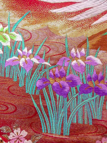 Photo15: N1015Q Used Japanese kimono  Vivid Red UCHIKAKE Wedding for women / Silk. Peony,   (Grade B) (15)