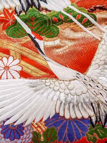 Photo12: N1015R Used Japanese kimono  Shiny Red UCHIKAKE Wedding for women / Silk. SAKURA cherry blossom,   (Grade B) (12)