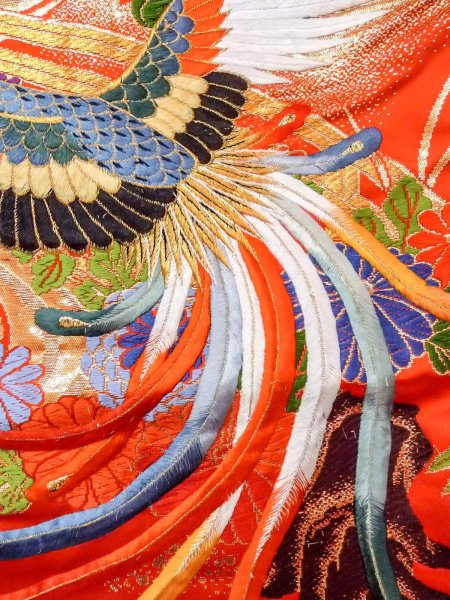 Photo19: N1015R Used Japanese kimono  Shiny Red UCHIKAKE Wedding for women / Silk. SAKURA cherry blossom,   (Grade B) (19)