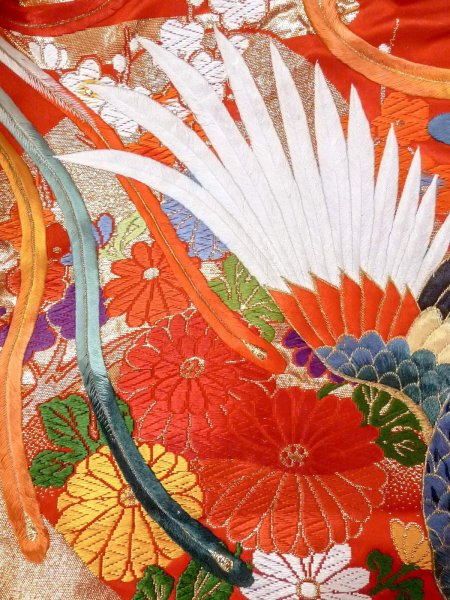 Photo21: N1015R Used Japanese kimono  Shiny Red UCHIKAKE Wedding for women / Silk. SAKURA cherry blossom,   (Grade B) (21)