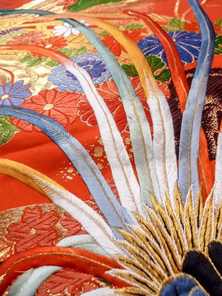 Photo30: N1015R Used Japanese kimono  Shiny Red UCHIKAKE Wedding for women / Silk. SAKURA cherry blossom,   (Grade B) (30)