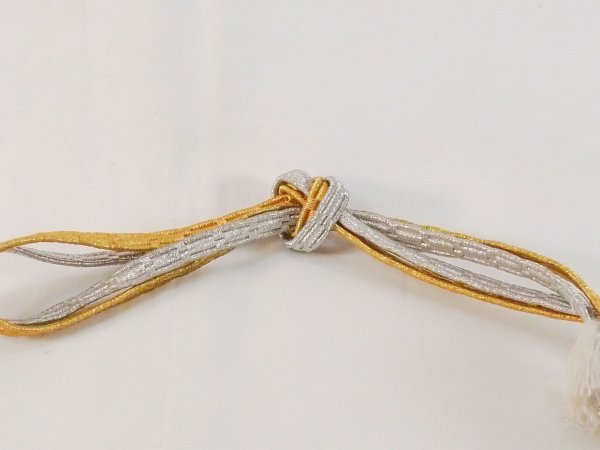 Photo3: N1023XQ Vintage Japanese   Shiny Gold OBIJIME decorative string/cord/rope  Abstract pattern Silk. (Grade B) (3)