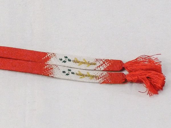 Photo3: N1030XH Vintage Japanese Kimono   Vermilion HAORIHIMO ties Abstract pattern Silk. (Grade B) (3)