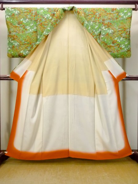 Photo2: Mint N1112A Used Japanese kimono   Green KOMON dyed for women / Silk. MOMIJI maple leaf,   (Grade A) (2)