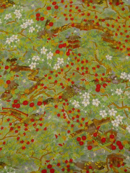 Photo3: Mint N1112A Used Japanese kimono   Green KOMON dyed for women / Silk. MOMIJI maple leaf,   (Grade A) (3)