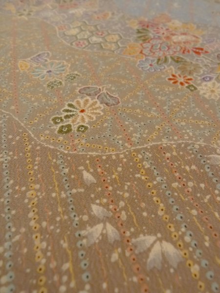 Photo9: N1112B Used Japanese kimono  Grayish Multi Color KOMON dyed for women / Silk. Peony,   (Grade B) (9)