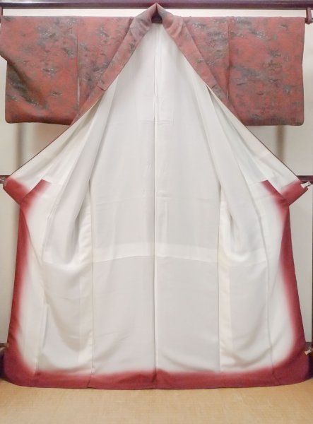 Photo2: Mint N1112F Used Japanese kimono   Dark Red KOMON dyed for women / Silk. Peony,   (Grade A) (2)