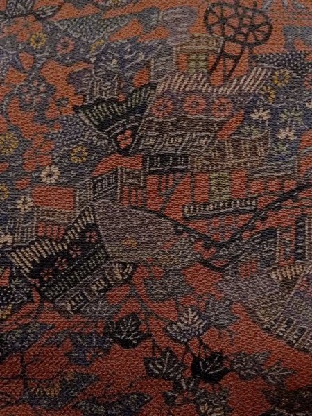 Photo8: Mint N1112F Used Japanese kimono   Dark Red KOMON dyed for women / Silk. Peony,   (Grade A) (8)