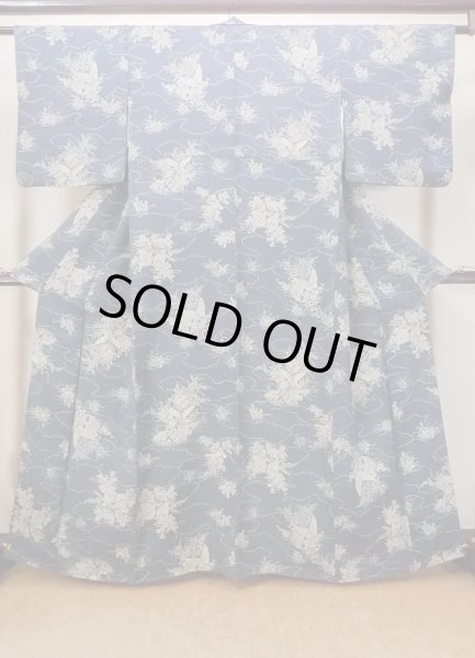 Photo2: N1112H Used Japanese kimono  Grayish Indigo Blue KOMON dyed for women / Silk. Peony,   (Grade C) (2)