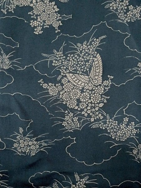 Photo3: N1112H Used Japanese kimono  Grayish Indigo Blue KOMON dyed for women / Silk. Peony,   (Grade C) (3)