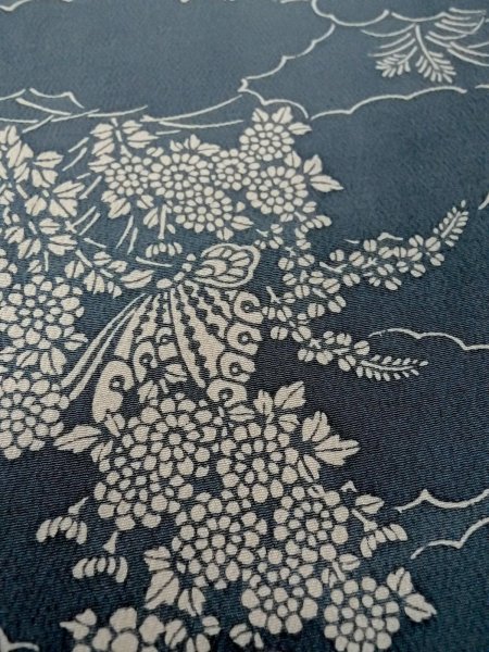 Photo9: N1112H Used Japanese kimono  Grayish Indigo Blue KOMON dyed for women / Silk. Peony,   (Grade C) (9)