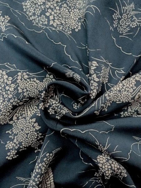 Photo11: N1112H Used Japanese kimono  Grayish Indigo Blue KOMON dyed for women / Silk. Peony,   (Grade C) (11)