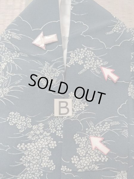 Photo15: N1112H Used Japanese kimono  Grayish Indigo Blue KOMON dyed for women / Silk. Peony,   (Grade C) (15)