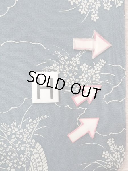 Photo21: N1112H Used Japanese kimono  Grayish Indigo Blue KOMON dyed for women / Silk. Peony,   (Grade C) (21)