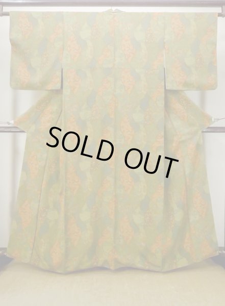Photo1: N1112K Used Japanese kimono  Grayish Yellowish Green KOMON dyed for women / Silk. Flower,   (Grade B) (1)