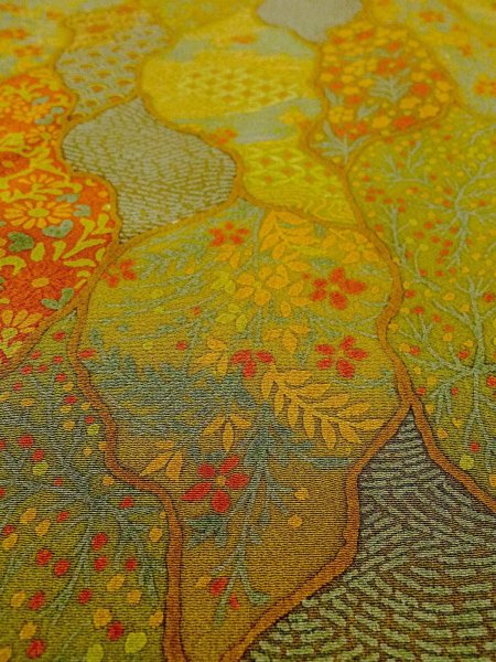 Photo9: N1112K Used Japanese kimono  Grayish Yellowish Green KOMON dyed for women / Silk. Flower,   (Grade B) (9)