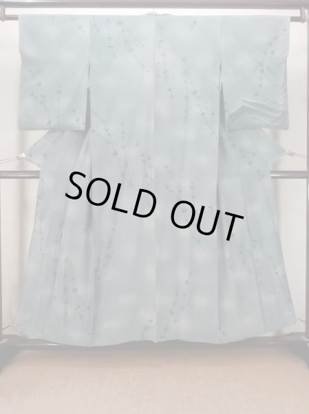 Photo1: N1112M Vintage Japanese kimono  Grayish Navy Blue HITOE unlined for women / Silk. Tall grass, Stains and discolored all over.  (Grade D) (1)